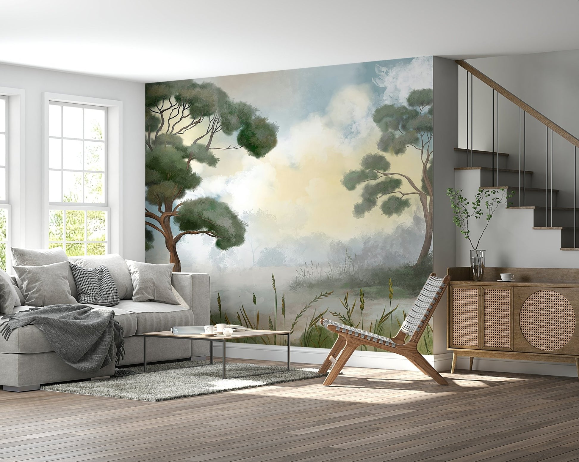 Entryway soft blue woodland wall mural feature wall
