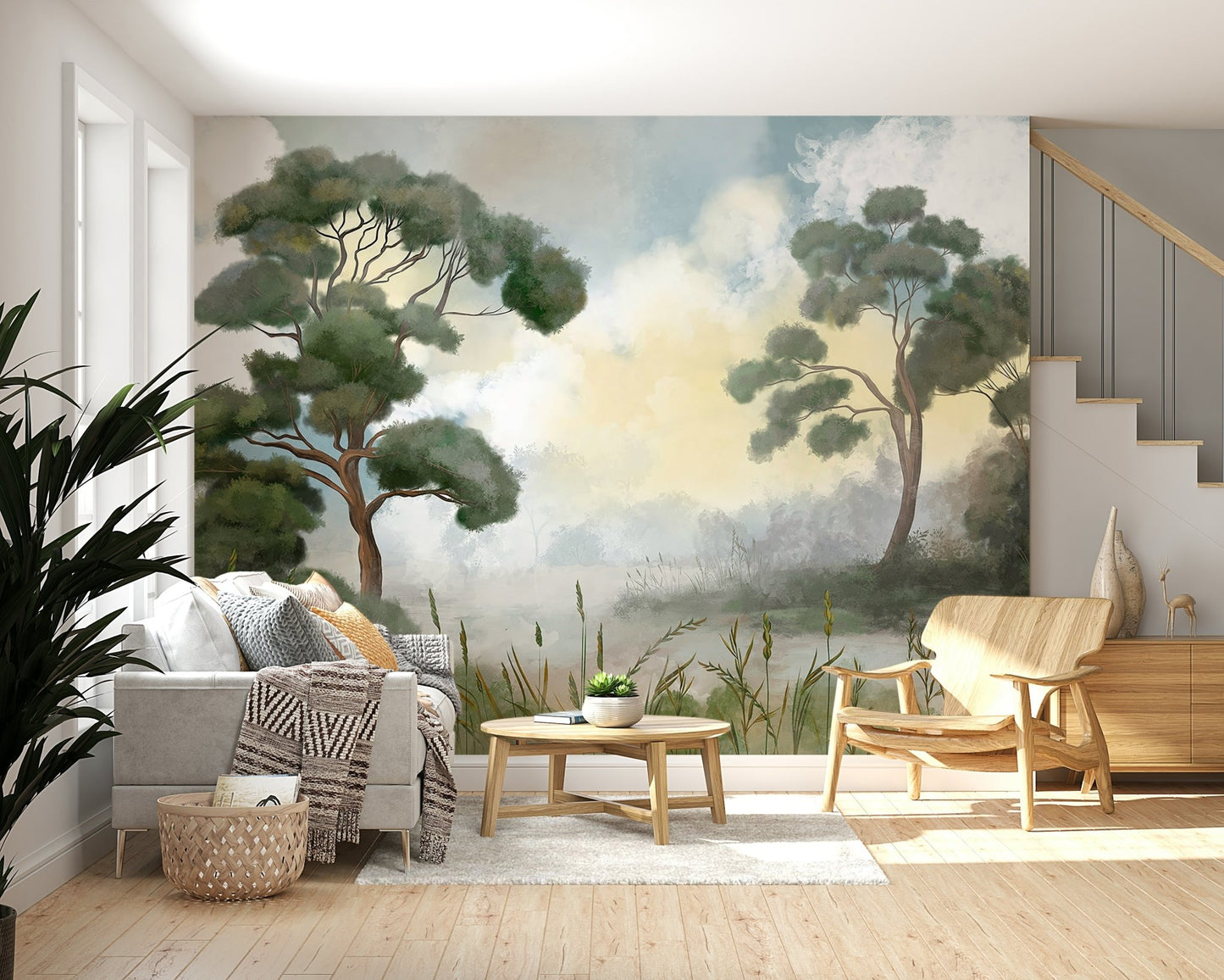 muted blue landscape mural accent wall