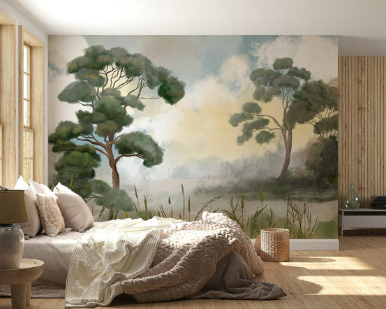 teal nature wall mural for accent wall