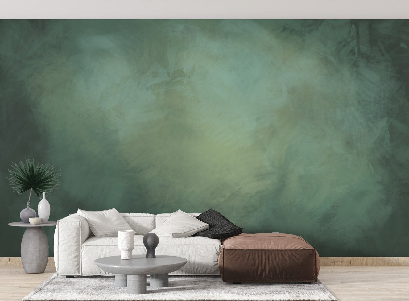 Enigmatic forest texture mural moody green wallpaper.