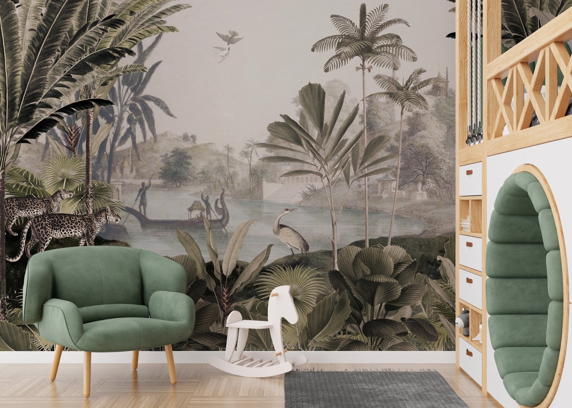 Sepia jungle mural showcasing a mysterious atmosphere for nursery interior.
