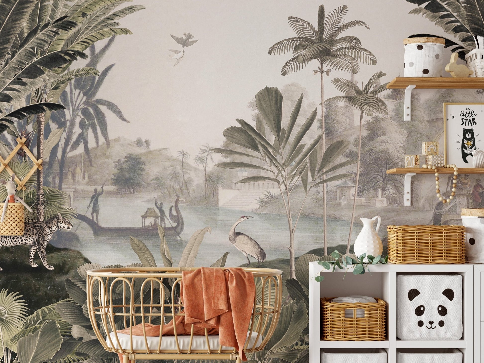 Sepia-toned jungle mural for captivating  kids room interiors.
