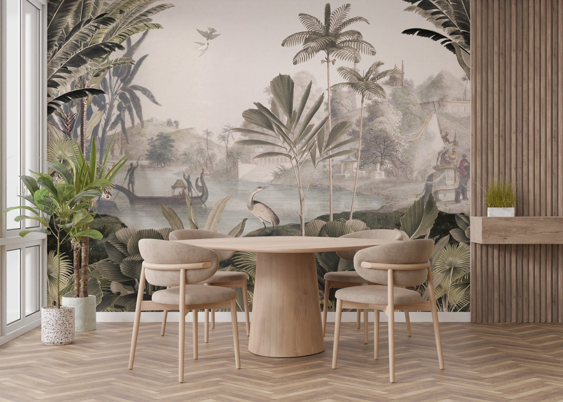 Artistic jungle mural in a sepia panorama style for dining room wall.
