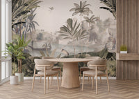 Artistic jungle mural in a sepia panorama style for dining room wall.
