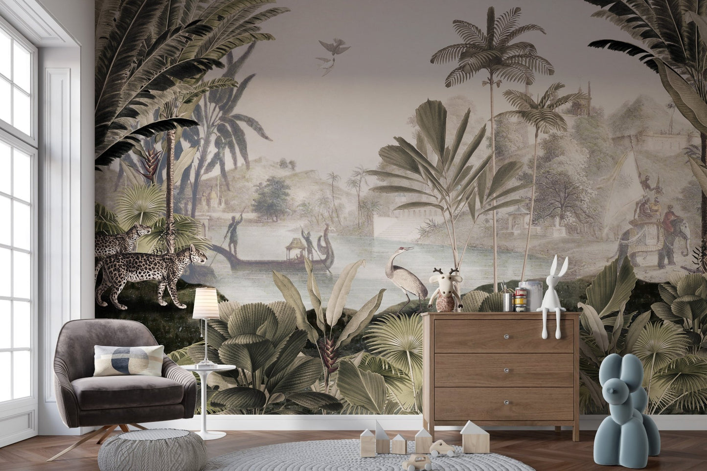 Jungle panorama mural in elegant sepia-toned hues for kids play area.
