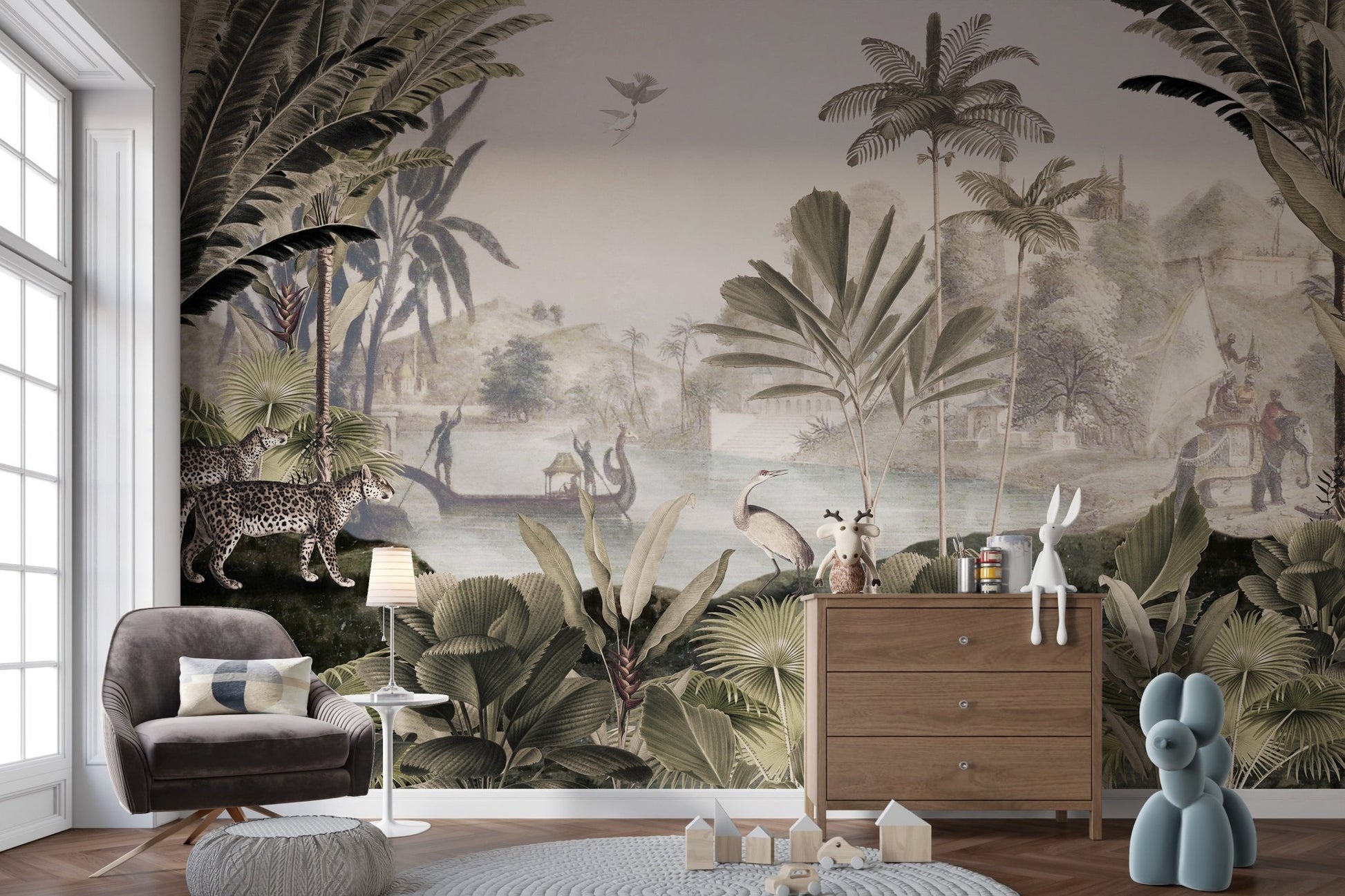 Jungle panorama mural in elegant sepia-toned hues for kids play area.
