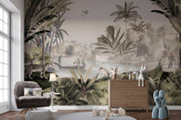Jungle panorama mural in elegant sepia-toned hues for kids play area.
