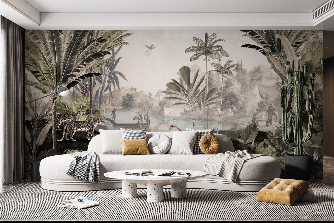 Jungle mural featuring a serene sepia panorama view on living room wall.
