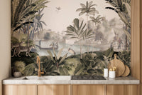 Sepia jungle mural featuring an enigmatic landscape for kitchen backdrop.