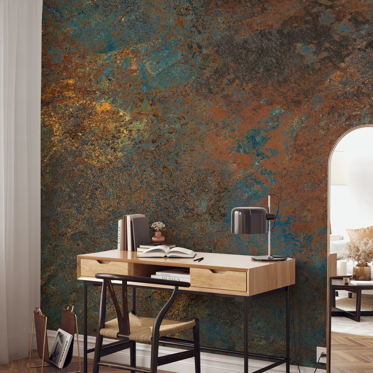 Textured rust and blue stone effect wallpaper