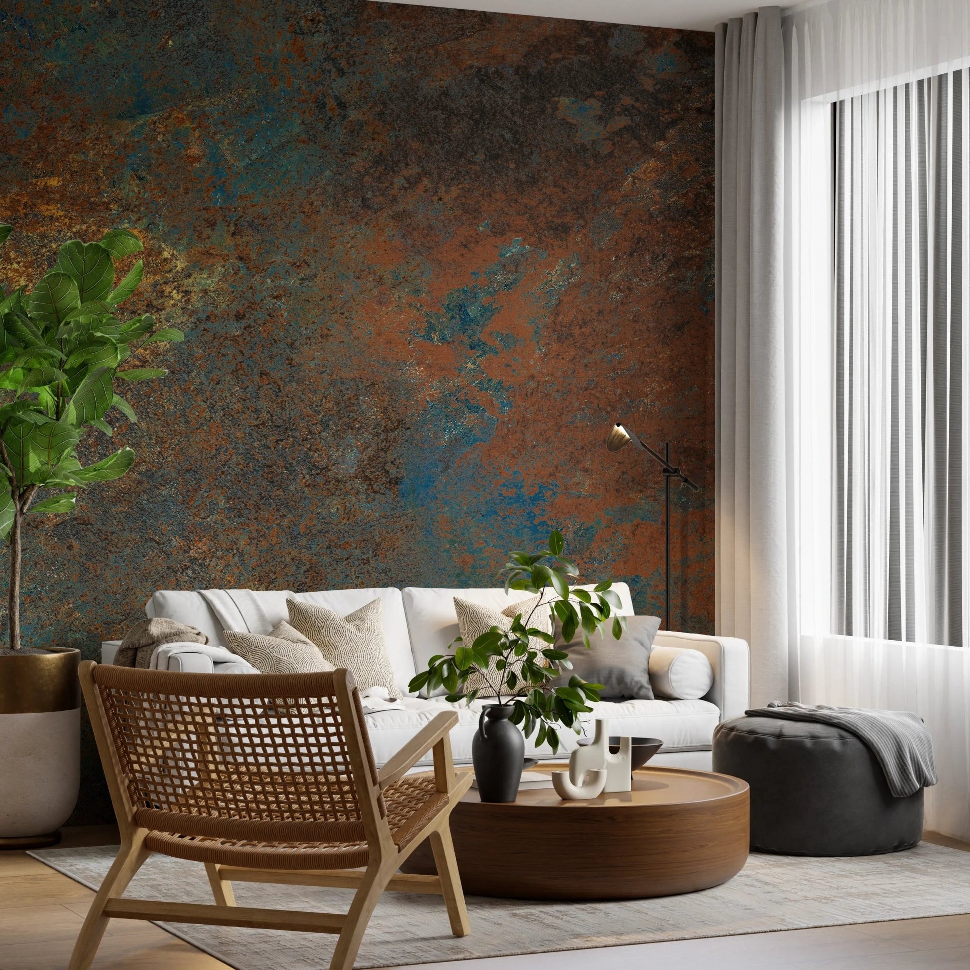 Aged metal surface with teal and amber tones