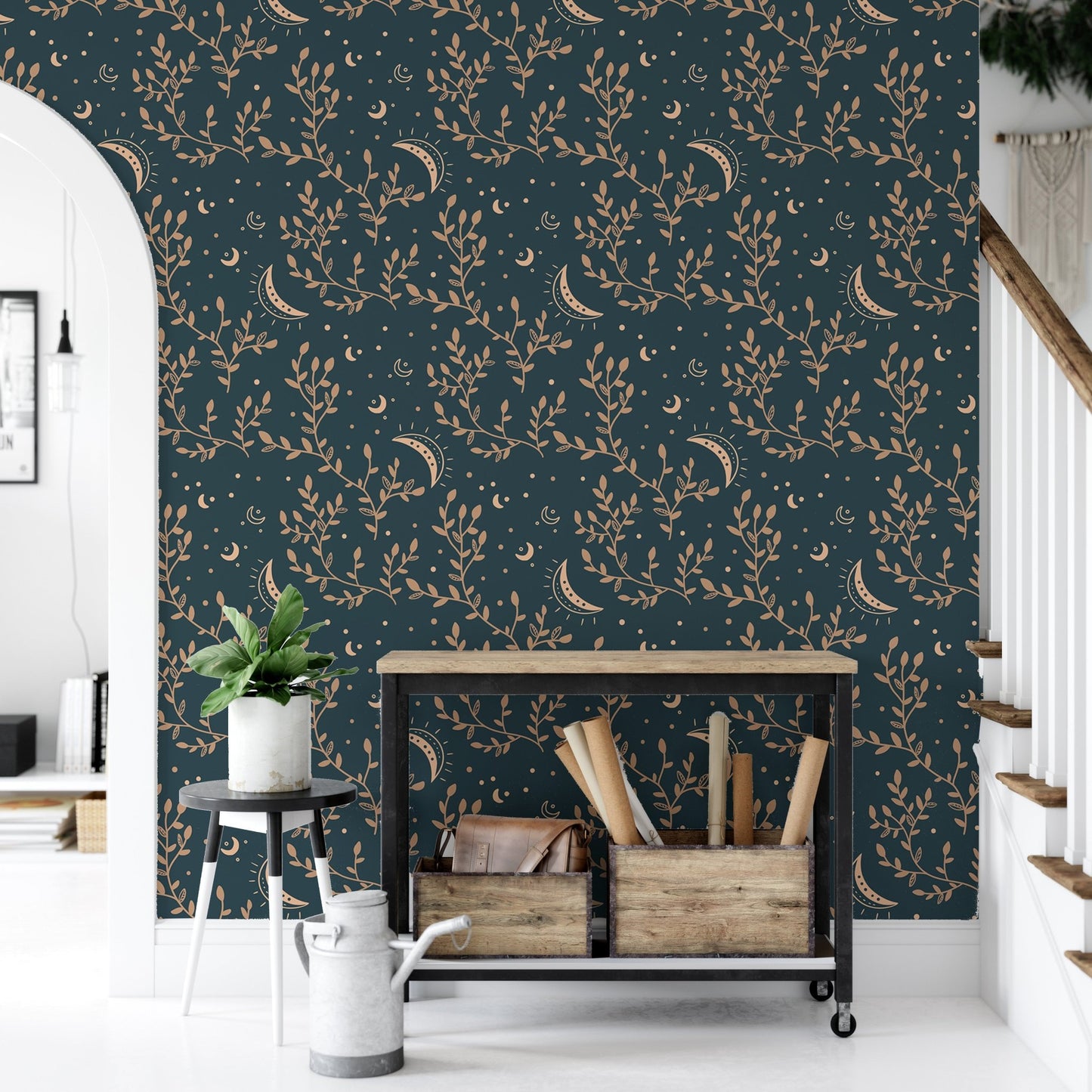 Staircase landing area featuring esoteric crescent moon and floral background wallpaper.