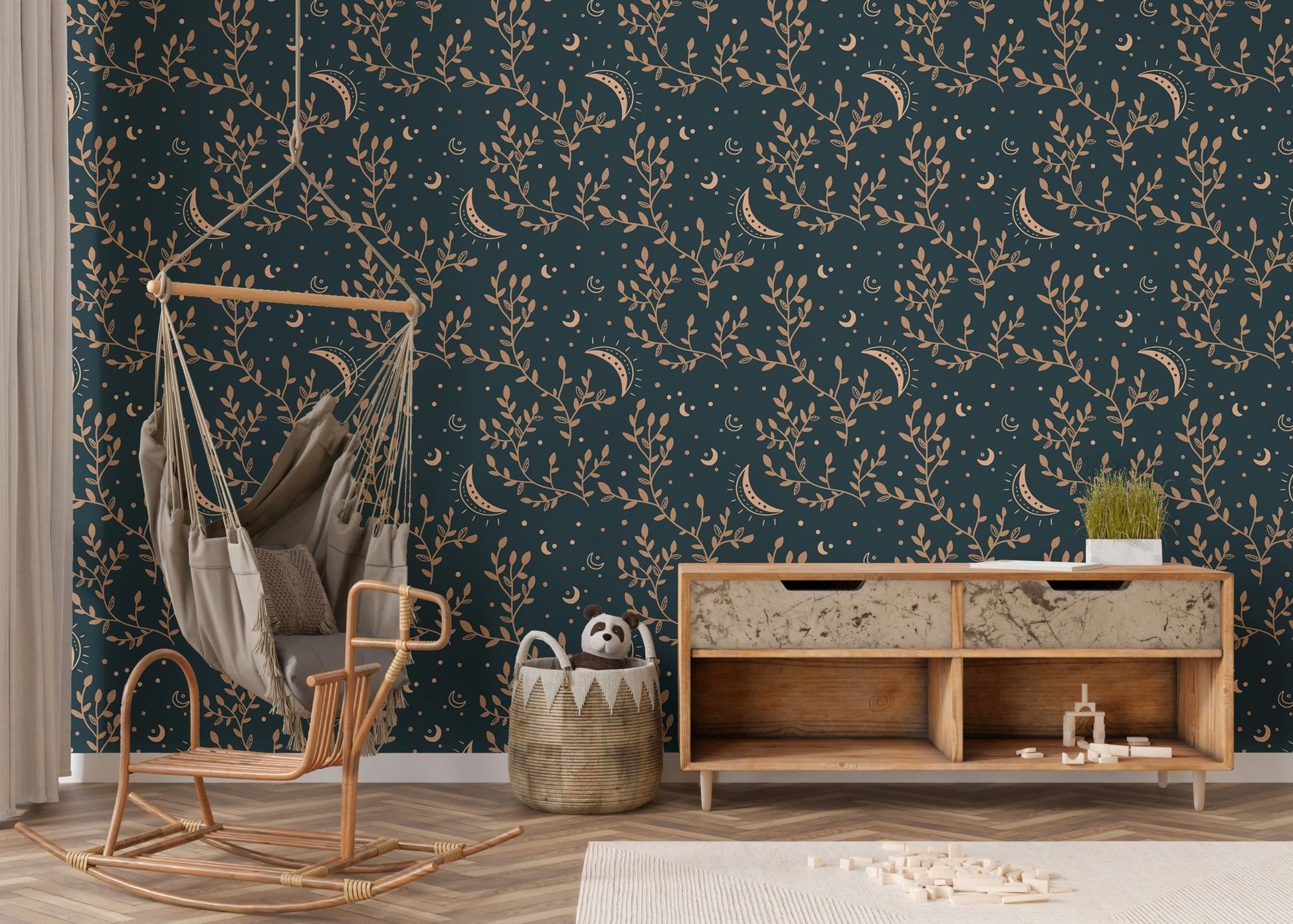 Mystical floral wallpaper with crescent moon pattern in nursery.