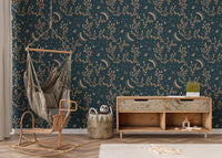 Mystical floral wallpaper with crescent moon pattern in nursery.
