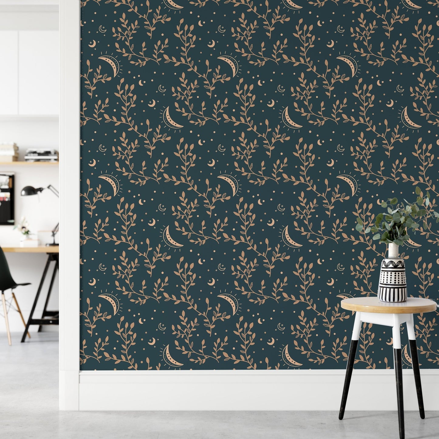 Elegant esoteric wallpaper with moon and floral motifs in hallway.