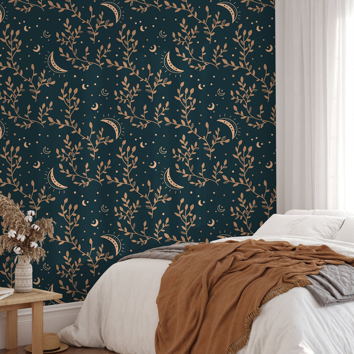 Floral and moon-themed esoteric wallpaper for bedroom interiors.