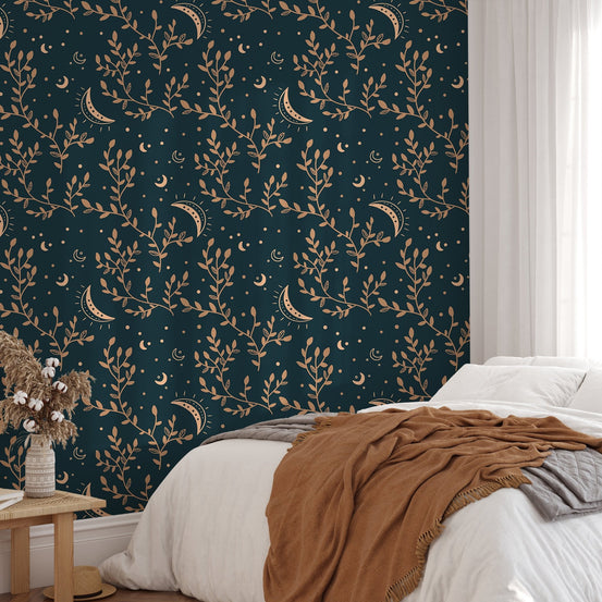 Floral and moon-themed esoteric wallpaper for bedroom interiors.