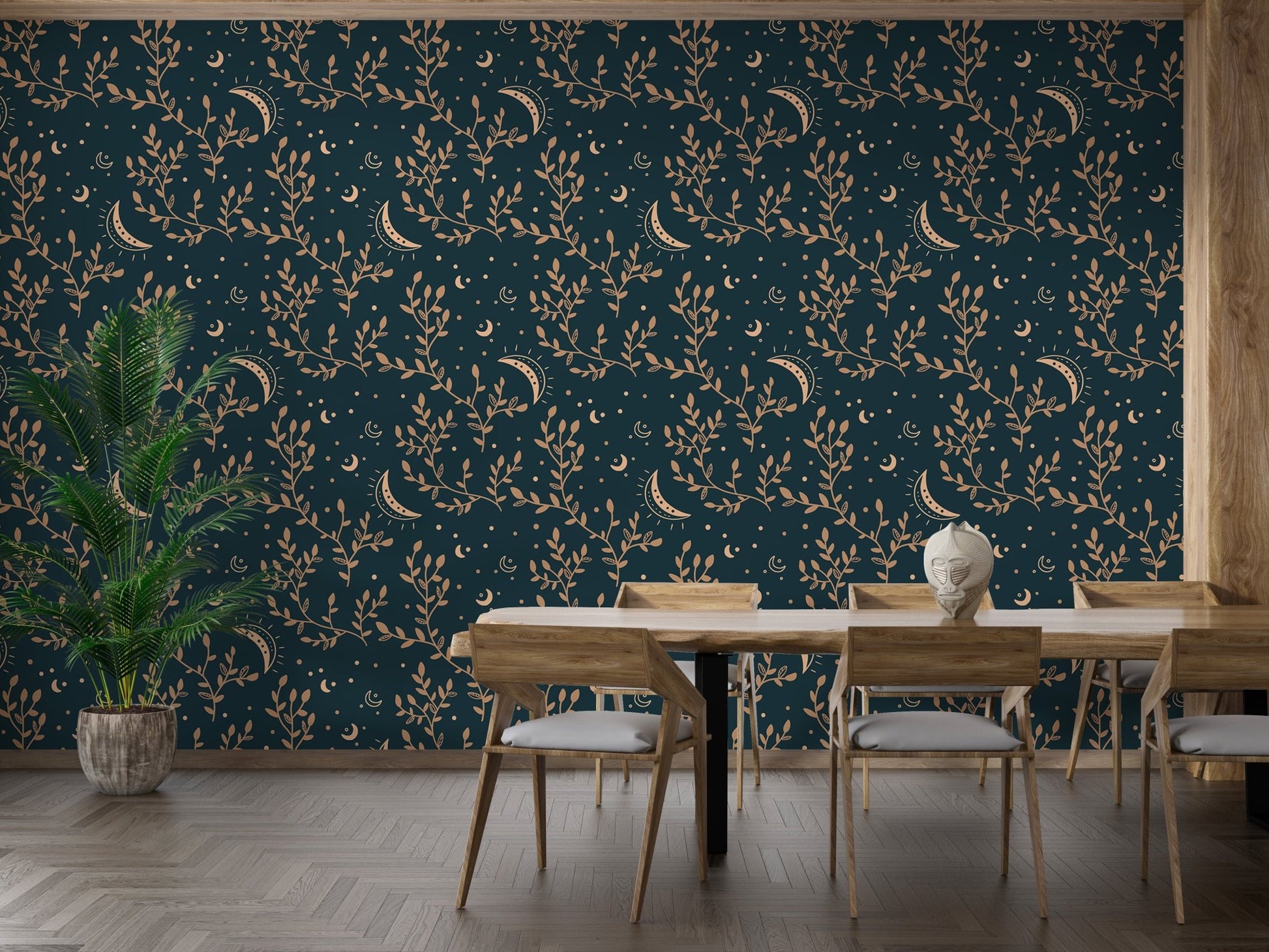 Crescent moon and floral esoteric wallpaper design for dining room.