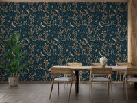 Crescent moon and floral esoteric wallpaper design for dining room.