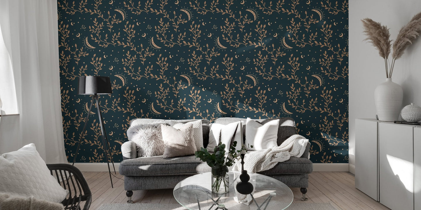 Sophisticated crescent moon floral design wallpaper in living area.