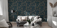Sophisticated crescent moon floral design wallpaper in living area.