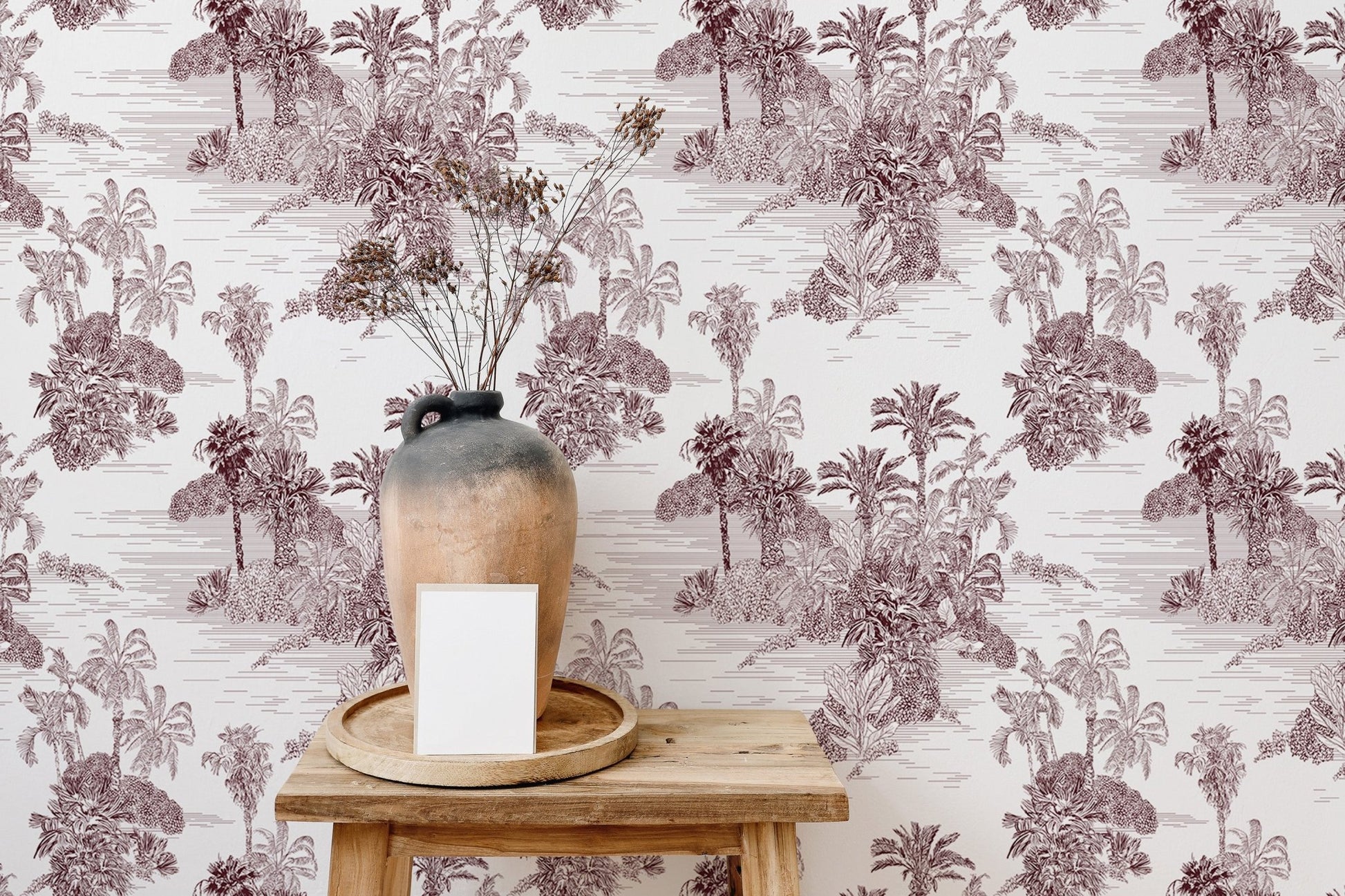 Etching Tropical Jungle Pattern Brown Toile Wallpaper styled with a ceramic vase.