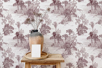 Etching Tropical Jungle Pattern Brown Toile Wallpaper styled with a ceramic vase.