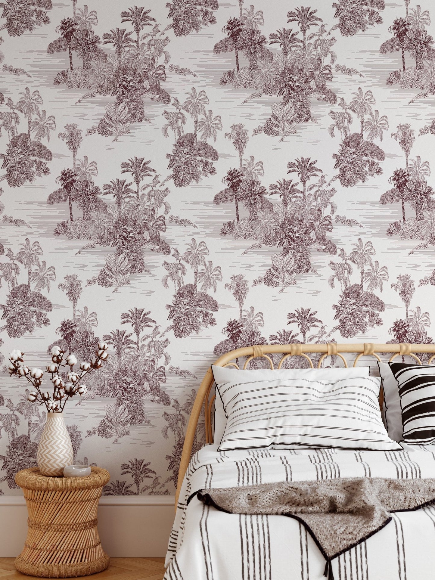 Etching Tropical Jungle Pattern Brown Toile Wallpaper in a small bedroom layout.
