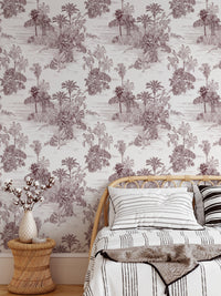 Etching Tropical Jungle Pattern Brown Toile Wallpaper in a small bedroom layout.
