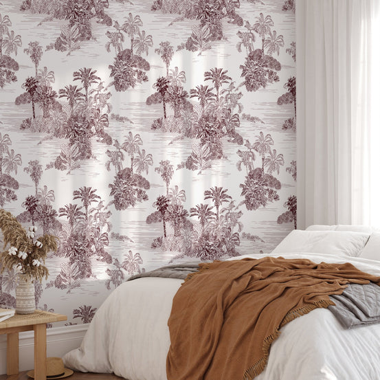 Brown toile wallpaper with tropical palm etchings in a modern bedroom setting.