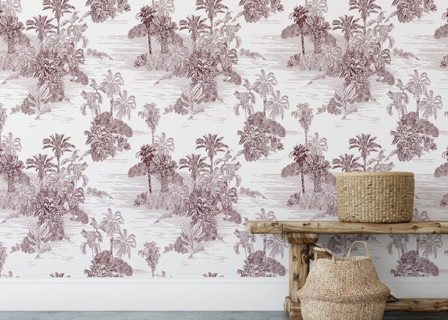 Neutral living space wallpaper with tropical tree patterns and woven baskets.