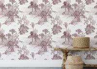Neutral living space wallpaper with tropical tree patterns and woven baskets.