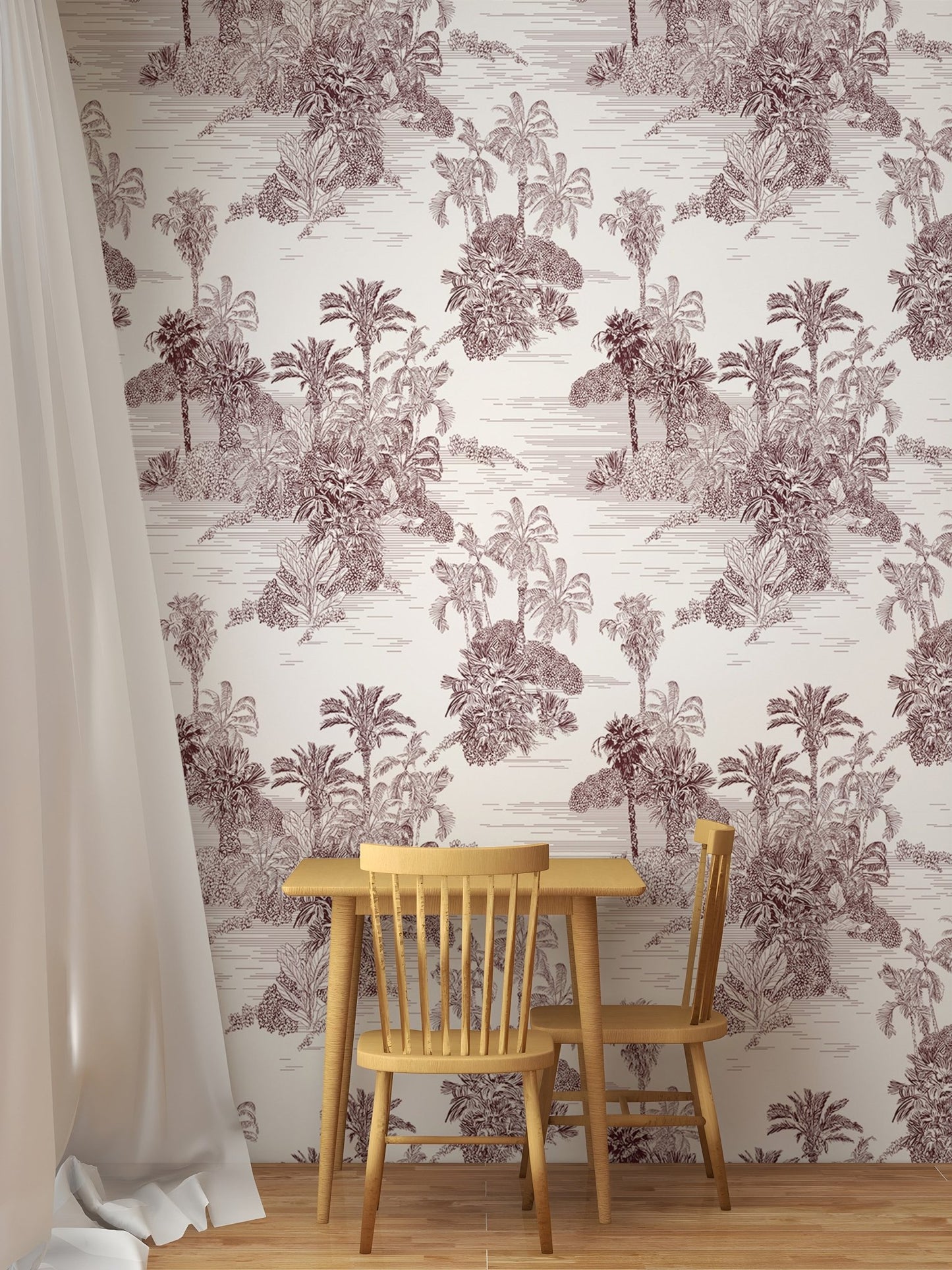 Etching Tropical Jungle Pattern Brown Toile Wallpaper behind a wooden dining set.