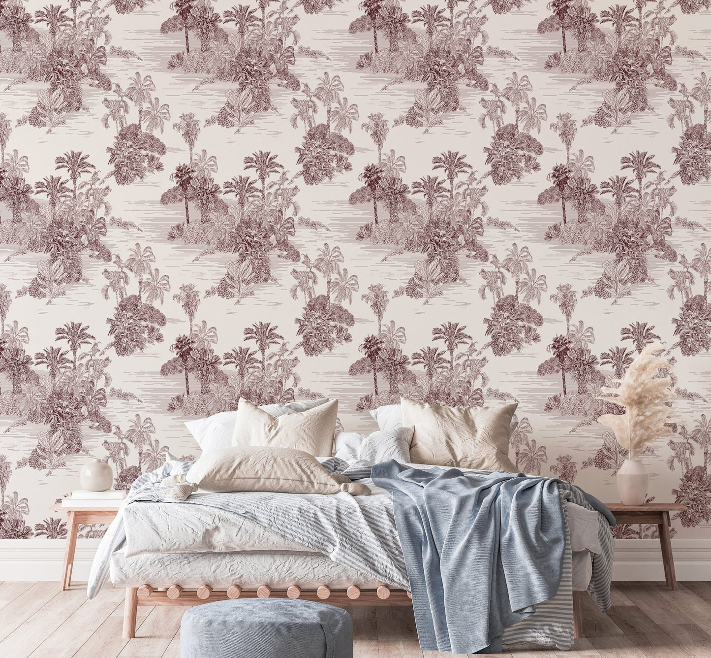 Minimalist bedroom featuring Etching Tropical Jungle Pattern Brown Toile Wallpaper.