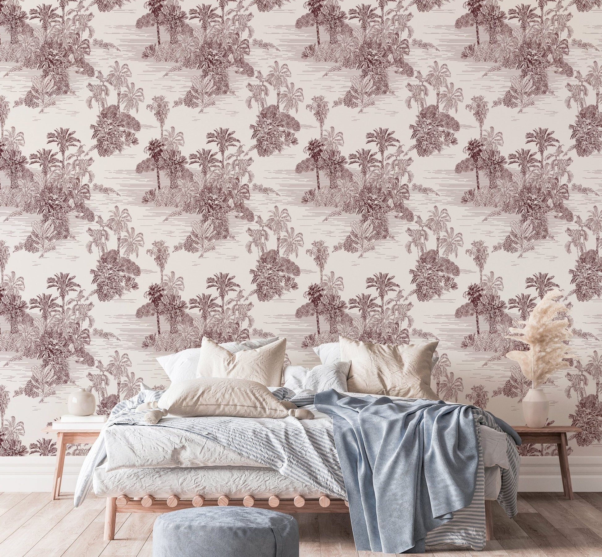 Minimalist bedroom featuring Etching Tropical Jungle Pattern Brown Toile Wallpaper.