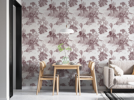Detailed jungle wallpaper featuring brown botanical sketches in a bright dining area.