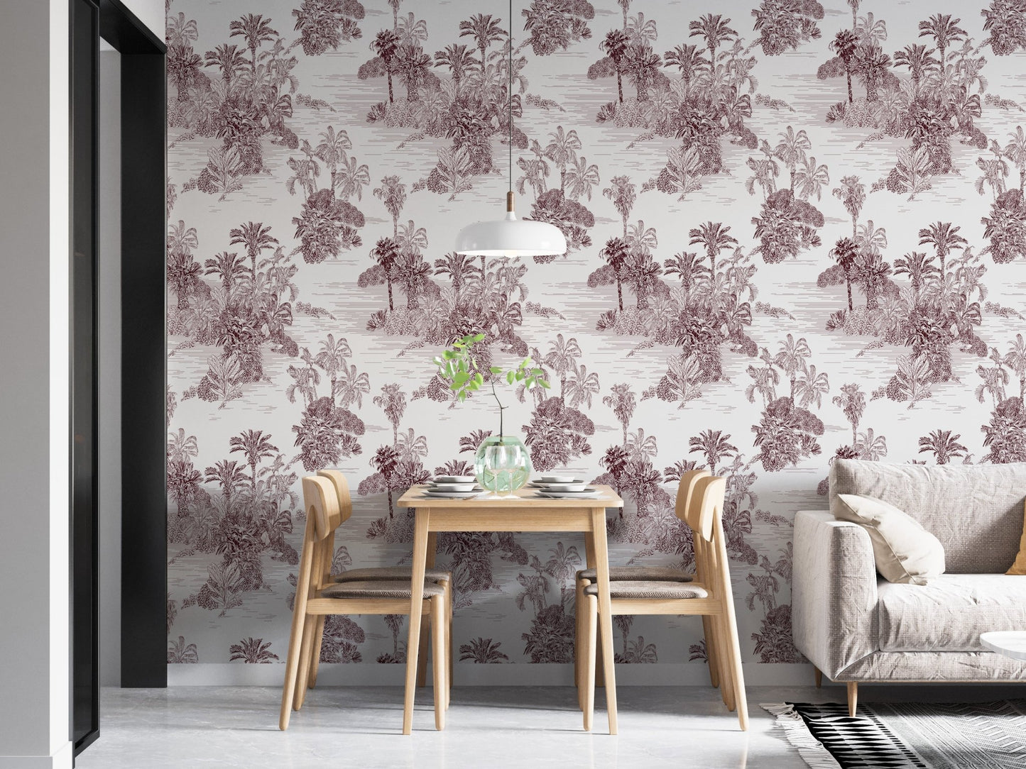 Detailed jungle wallpaper featuring brown botanical sketches in a bright dining area.