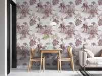 Detailed jungle wallpaper featuring brown botanical sketches in a bright dining area.