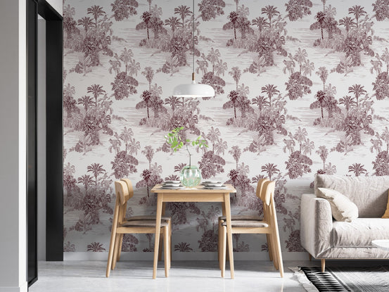 Detailed jungle wallpaper featuring brown botanical sketches in a bright dining area.