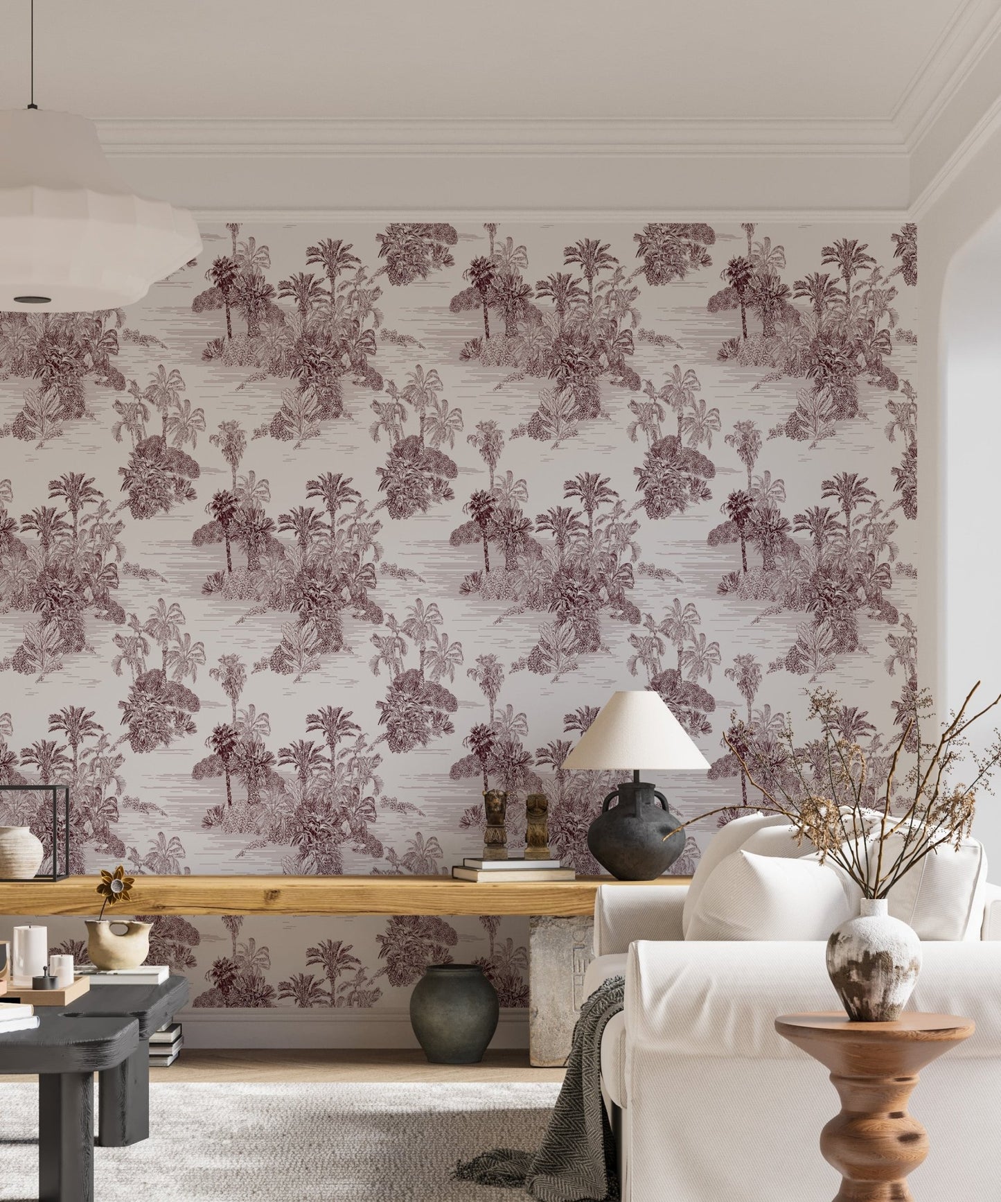 Modern living area featuring a brown tropical etching pattern wallpaper.