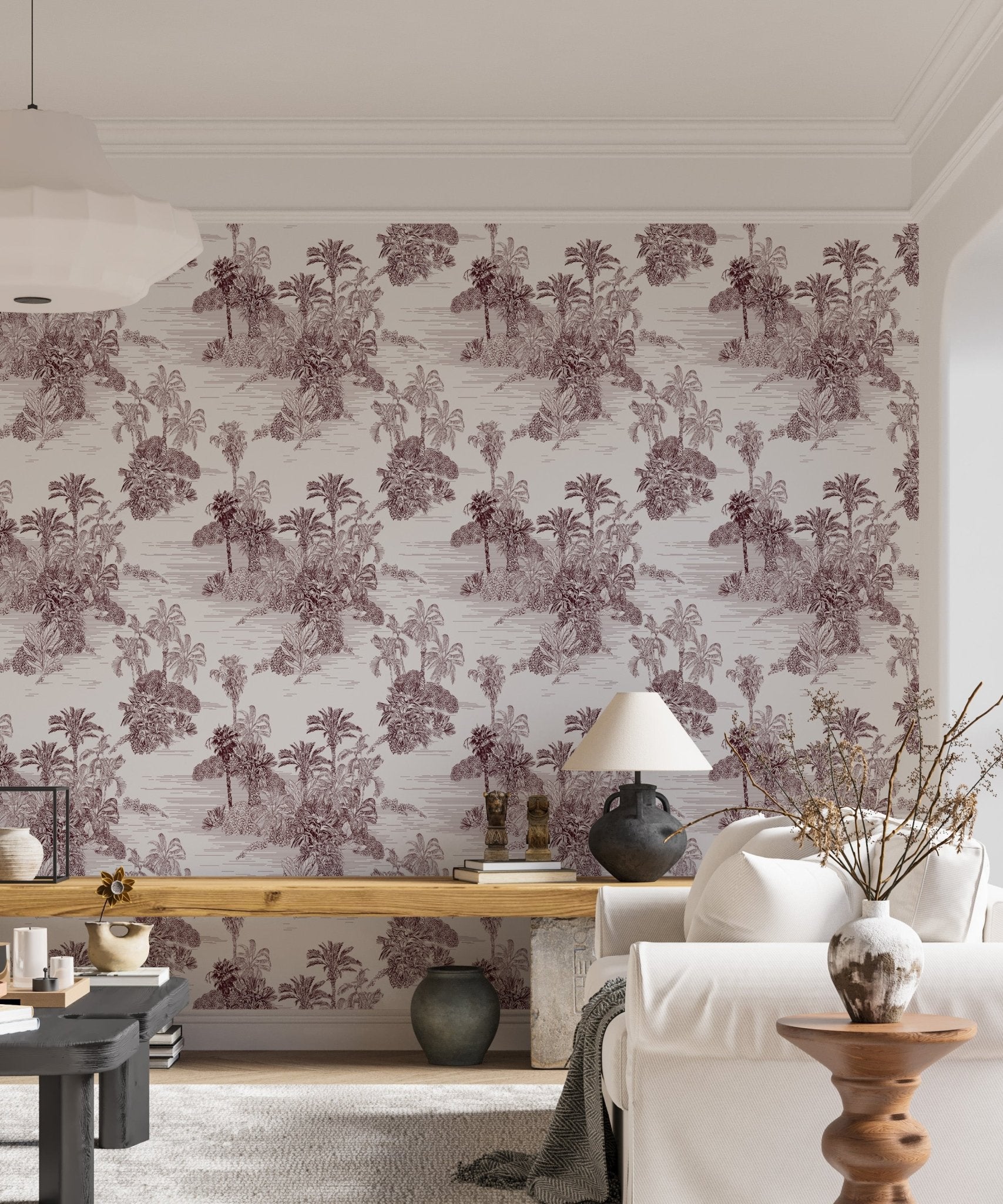 Modern living area featuring a brown tropical etching pattern wallpaper.