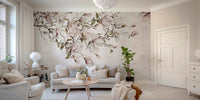 Spacious living room with white walls and Ethereal Blossoms wall mural.