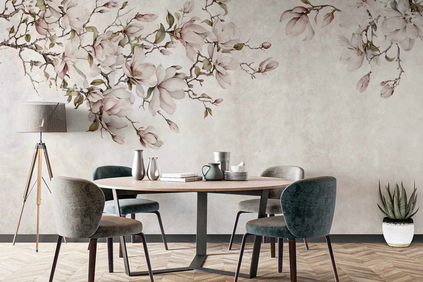 Dining room with dark chairs and Ethereal Blossoms wall mural.