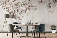 Dining room with dark chairs and Ethereal Blossoms wall mural.