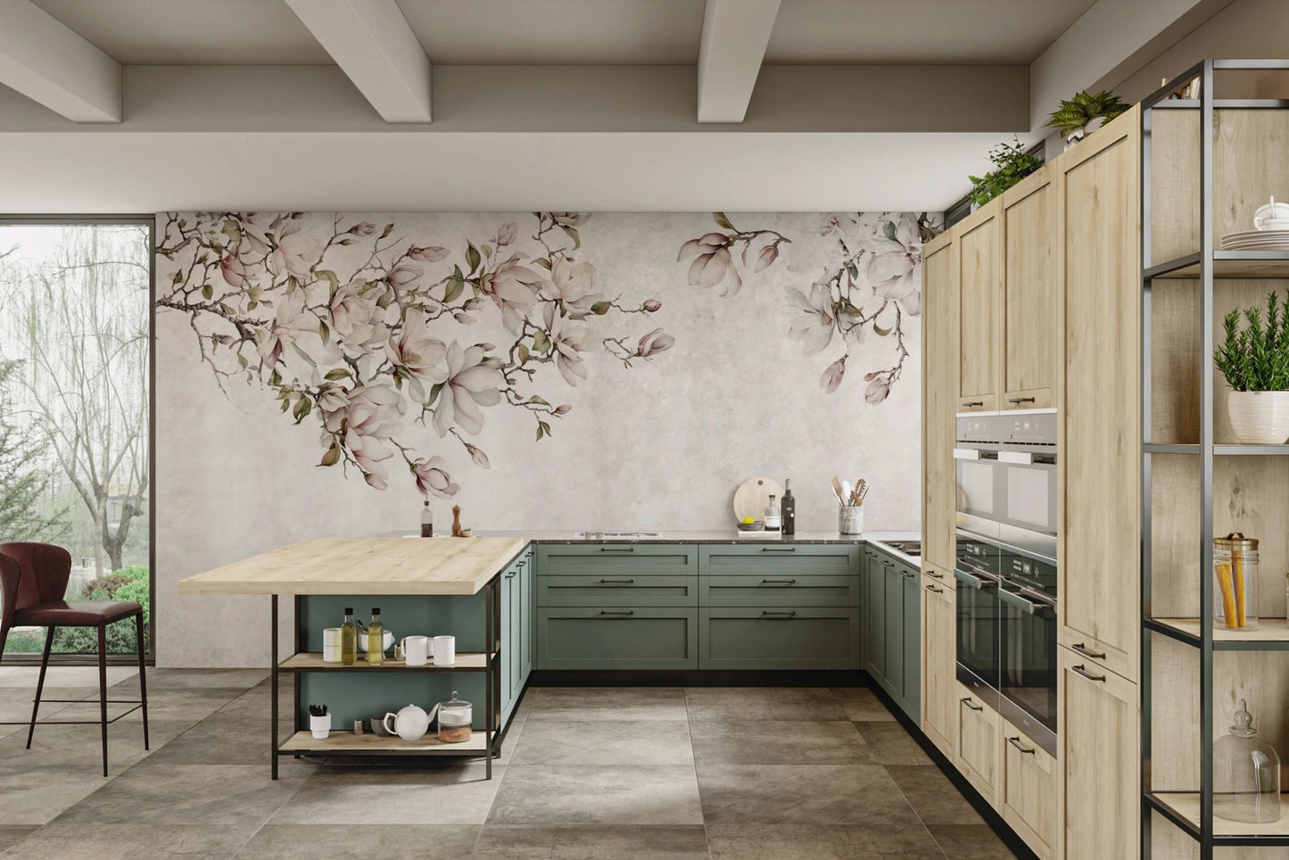 Modern kitchen with green cabinets and Ethereal Blossoms wall mural.