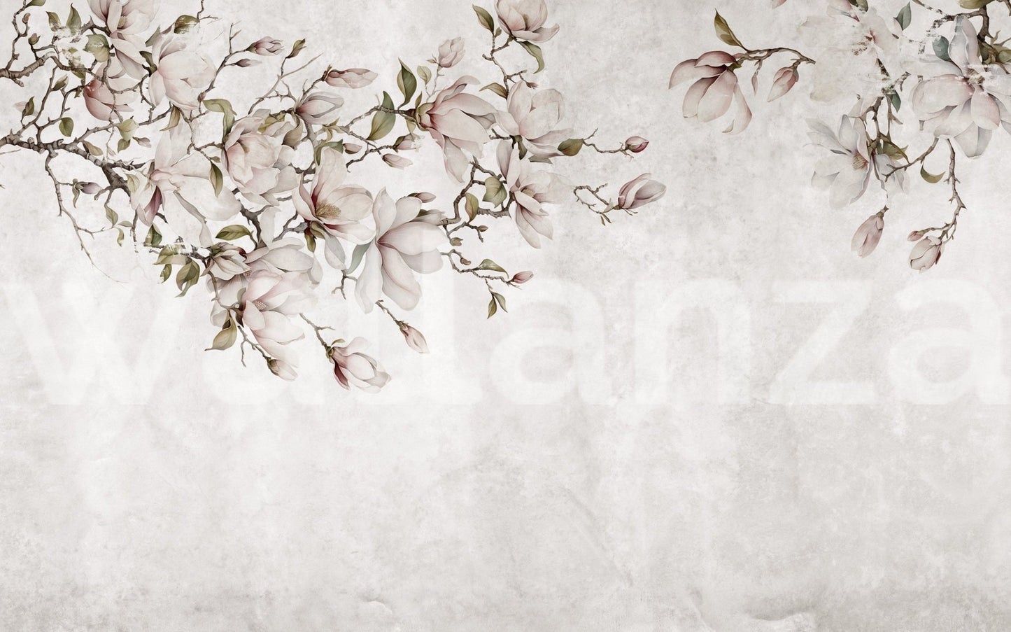 Wide view of pink blossoms on a concrete effect wall mural.