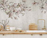 Pink magnolia blossom on grey concrete texture kitchen wall mural.