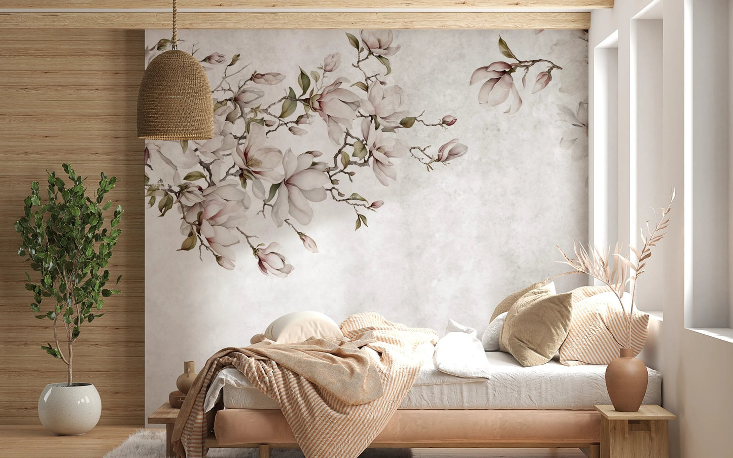 Cozy bedroom with beige decor and magnolia blossom wall mural.