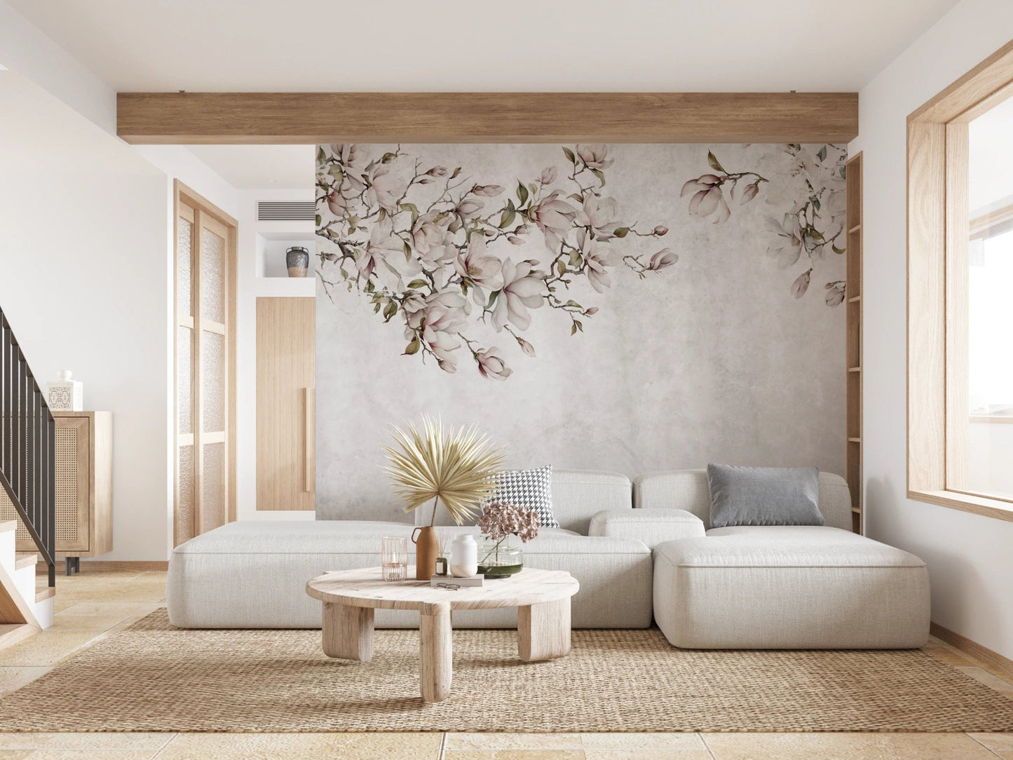 Large white sectional sofa against a grey ethereal floral pattern wall mural.