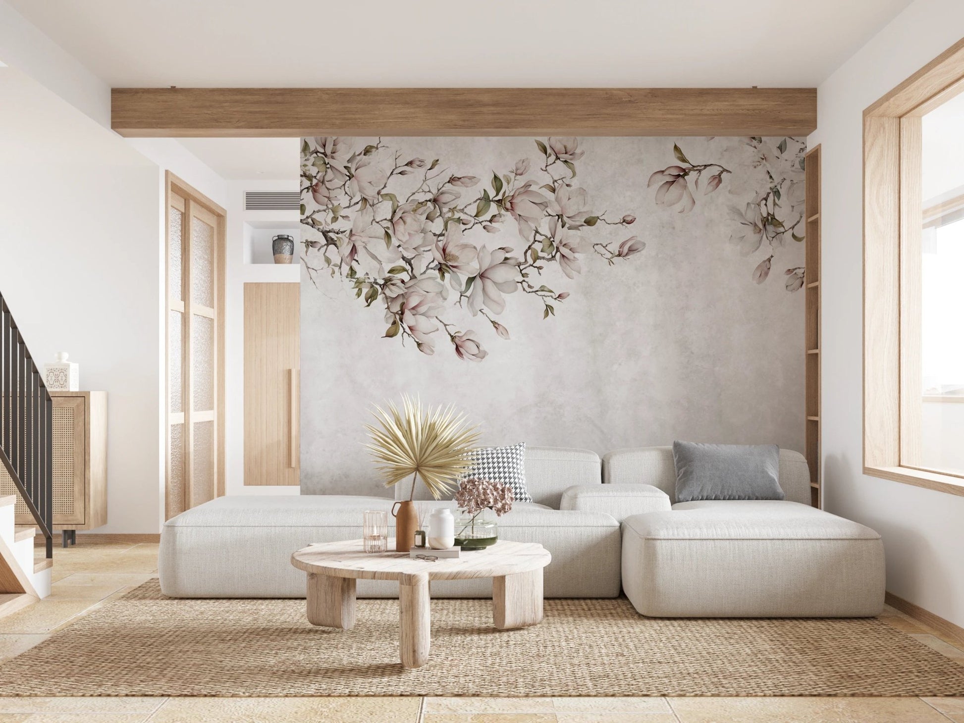 Large white sectional sofa against a grey ethereal floral pattern wall mural.